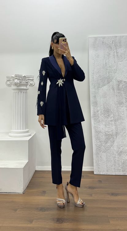 Lacivert Broş Detaylı Ceket - Pantolon Takım Abiye
