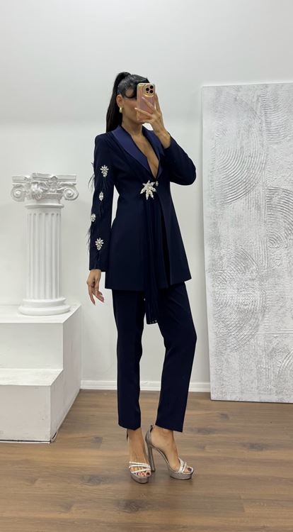 Lacivert Broş Detaylı Ceket - Pantolon Takım Abiye