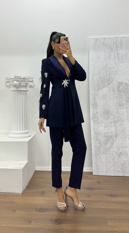 Lacivert Broş Detaylı Ceket - Pantolon Takım Abiye