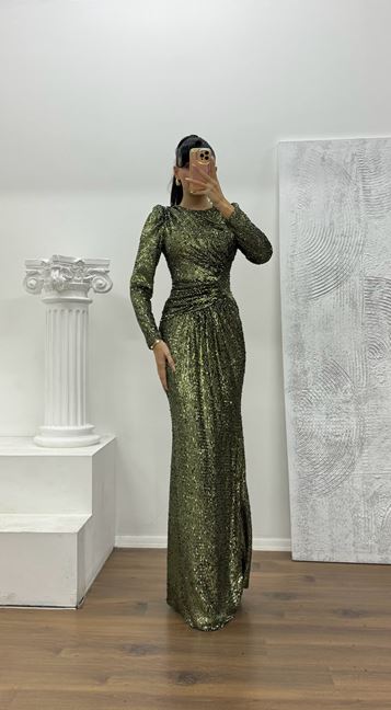 Haki Uzun Kollu Pullu Abiye Elbise