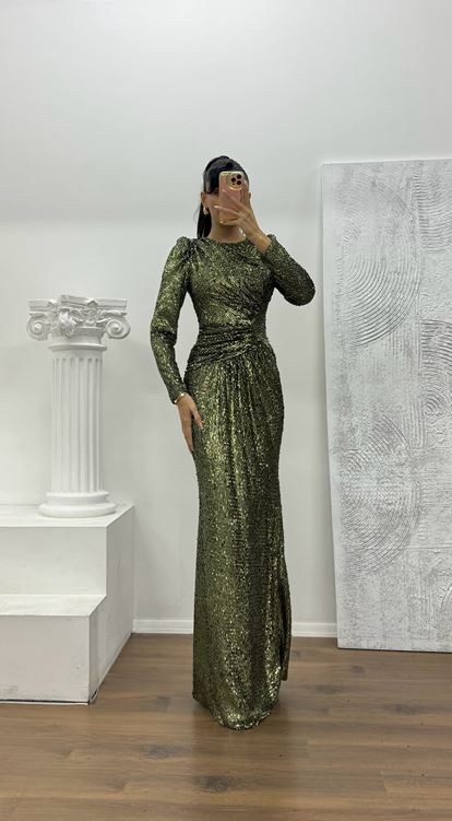 Haki Uzun Kollu Pullu Abiye Elbise