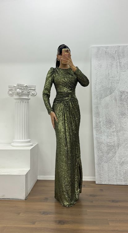 Haki Uzun Kollu Pullu Abiye Elbise