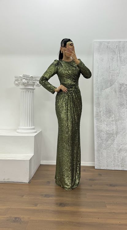 Haki Uzun Kollu Pullu Abiye Elbise