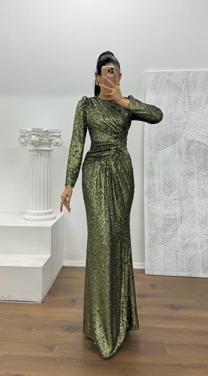 Haki Uzun Kollu Pullu Abiye Elbise