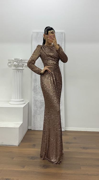 Bakır Uzun Kollu Pullu Abiye Elbise