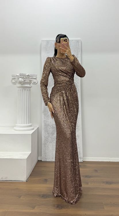 Bakır Uzun Kollu Pullu Abiye Elbise