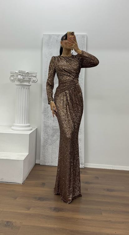 Bakır Uzun Kollu Pullu Abiye Elbise