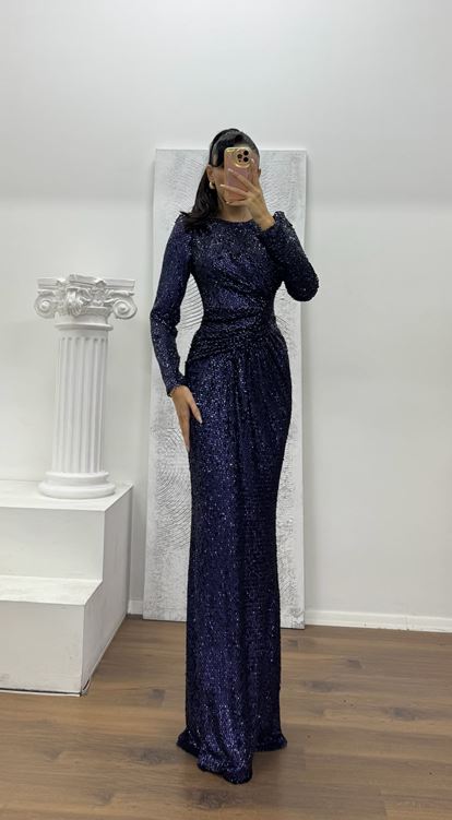 Lacivert Uzun Kollu Pullu Abiye Elbise