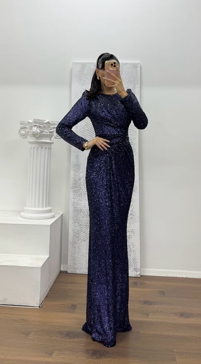 Lacivert Uzun Kollu Pullu Abiye Elbise