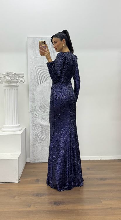 Lacivert Uzun Kollu Pullu Abiye Elbise