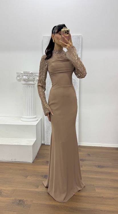 Kahverengi Yaka Transparan Detay Abiye Elbise