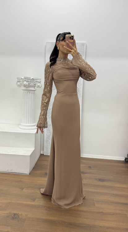 Kahverengi Yaka Transparan Detay Abiye Elbise