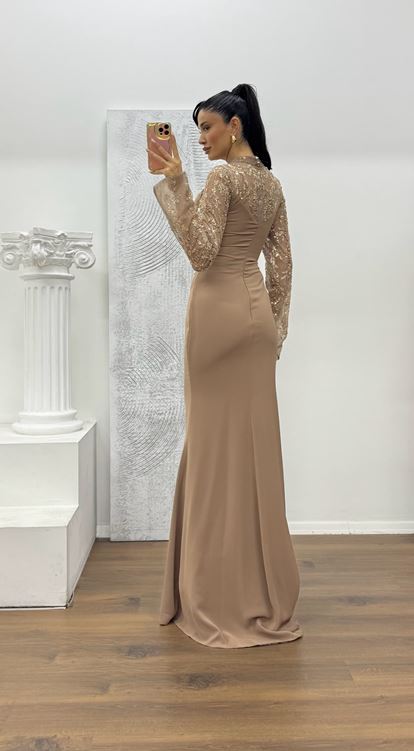 Kahverengi Yaka Transparan Detay Abiye Elbise