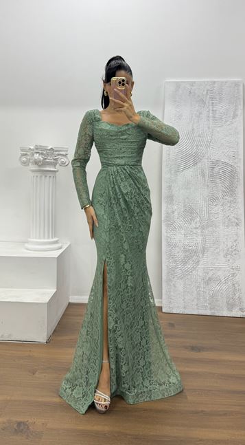 Mint Kare Yaka Dantel Abiye Elbise