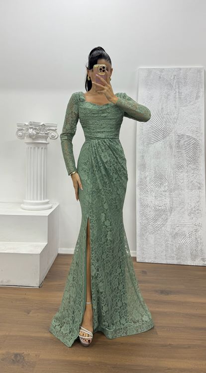 Mint Kare Yaka Dantel Abiye Elbise