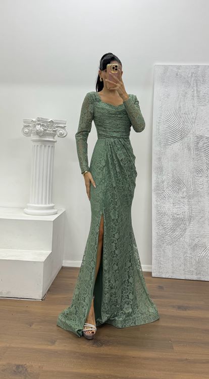 Mint Kare Yaka Dantel Abiye Elbise