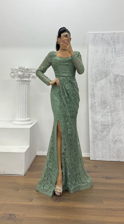 Mint Kare Yaka Dantel Abiye Elbise