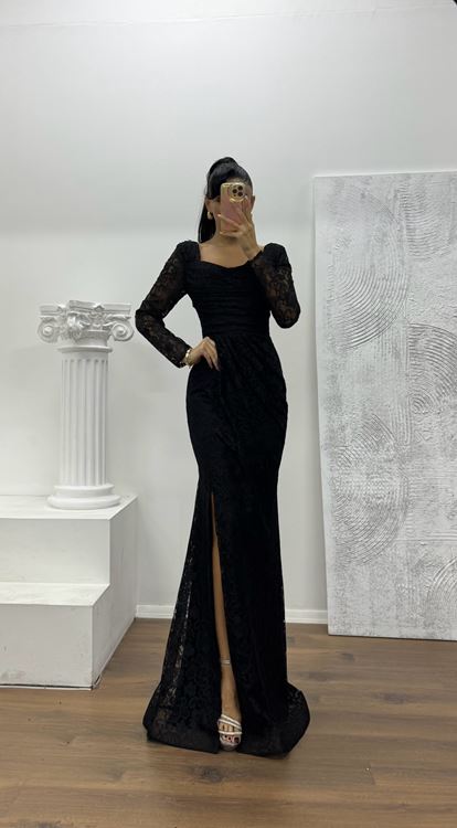 Siyah Kare Yaka Dantel Abiye Elbise