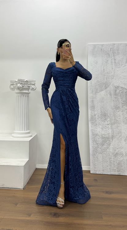 İndigo Kare Yaka Dantel Abiye Elbise