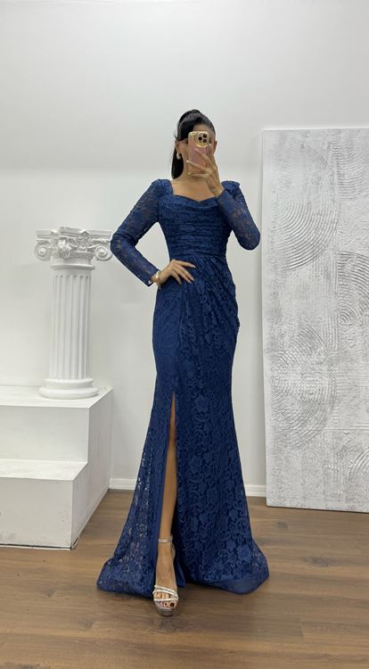 İndigo Kare Yaka Dantel Abiye Elbise