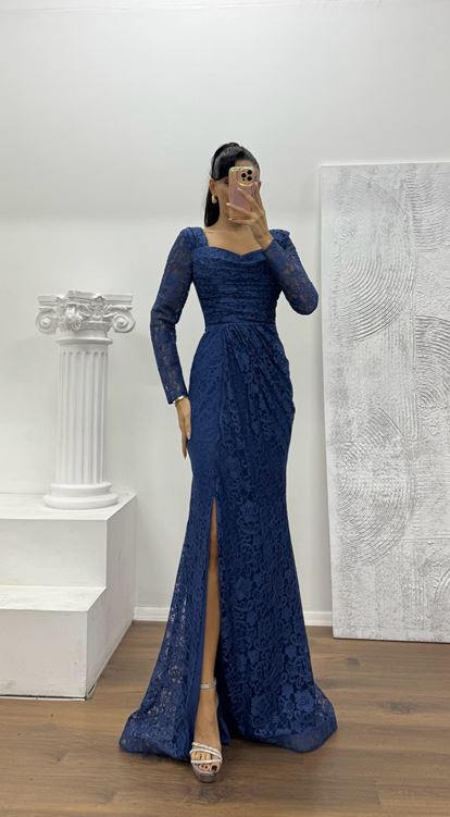 İndigo Kare Yaka Dantel Abiye Elbise