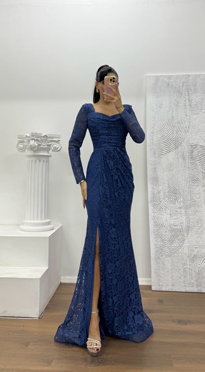 İndigo Kare Yaka Dantel Abiye Elbise