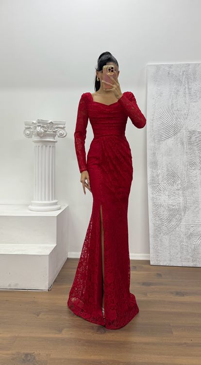 Kırmızı Kare Yaka Dantel Abiye Elbise