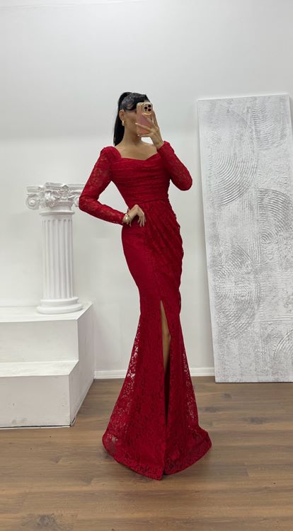 Kırmızı Kare Yaka Dantel Abiye Elbise