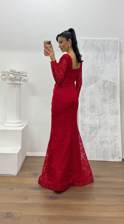 Kırmızı Kare Yaka Dantel Abiye Elbise