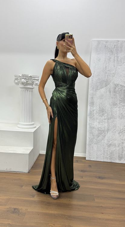 Haki Tek Omuz Abiye Elbise