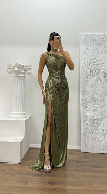 Yağ Yeşili Tek Omuz Abiye Elbise