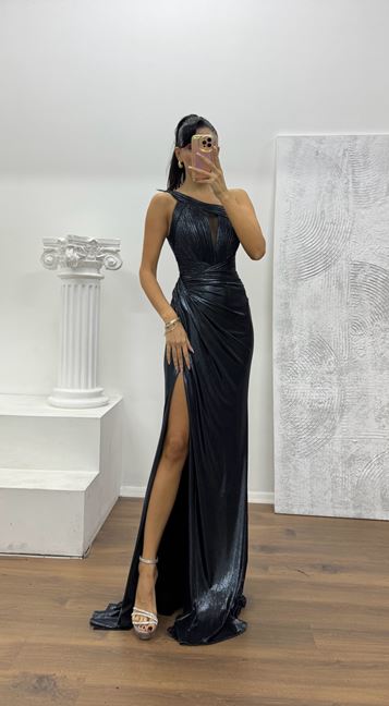 Anthracite One-Shoulder Evening Dress