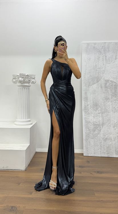 Antrasit Tek Omuz Abiye Elbise