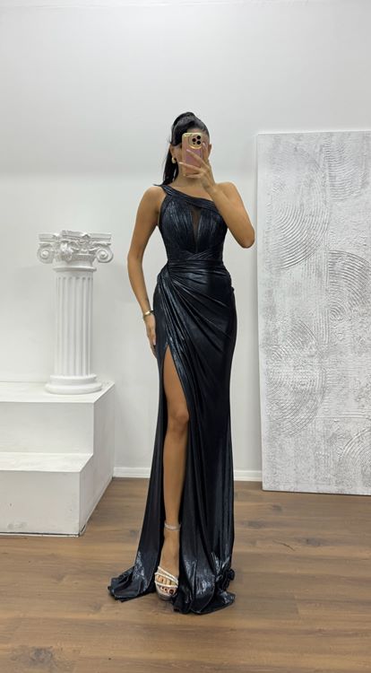 Antrasit Tek Omuz Abiye Elbise