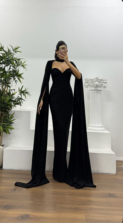 Schwarzes Abendkleid mit Cape-Ärmeln, Bustier und aufwendigem Design