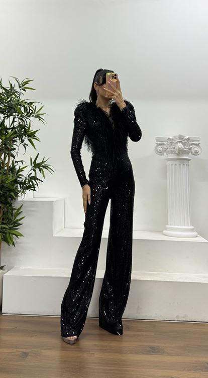 Schwarzer Pailletten-Jumpsuit mit Federdetails, tiefem V-Ausschnitt und speziellem Design