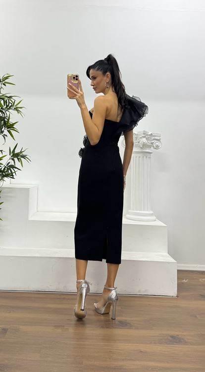 Siyah Tek Omuz Volan Detaylı Özel Tasarım Abiye