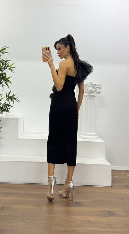 Siyah Tek Omuz Volan Detaylı Özel Tasarım Abiye