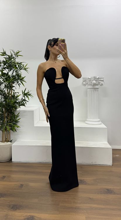 Siyah Straplez Kalp Yaka Özel Tasarım Abiye