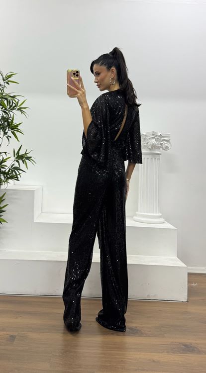 Siyah Pul Payet Pelerin Kol Özel Tasarım Abiye Tulum