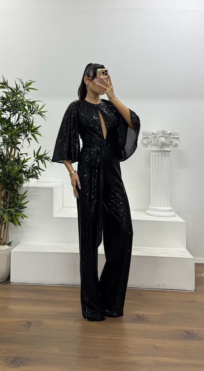 Siyah Pul Payet Pelerin Kol Özel Tasarım Abiye Tulum