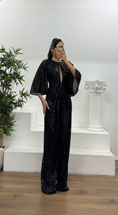 Siyah Pul Payet Pelerin Kol Özel Tasarım Abiye Tulum