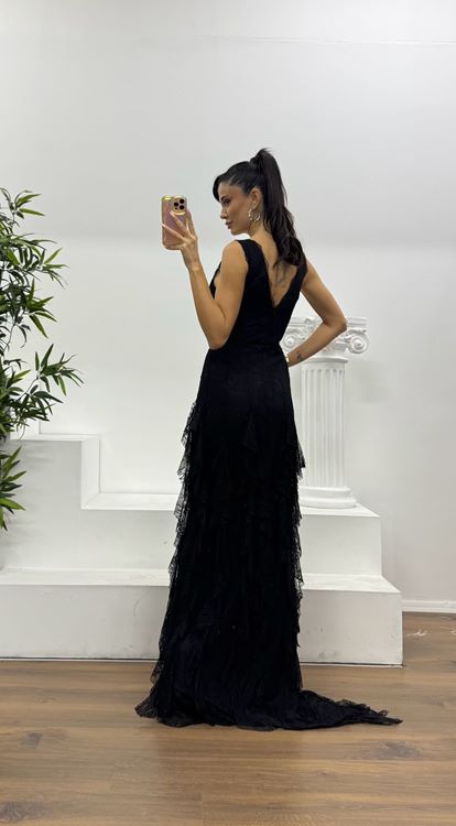 Siyah Dantel Kat Kat Volanlı Özel Tasarım Abiye Elbise