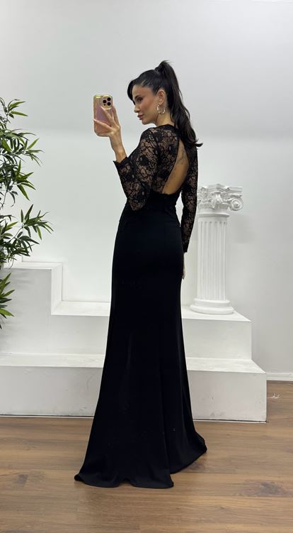 Siyah Transparan Dantel Özel Tasarım Abiye Elbise
