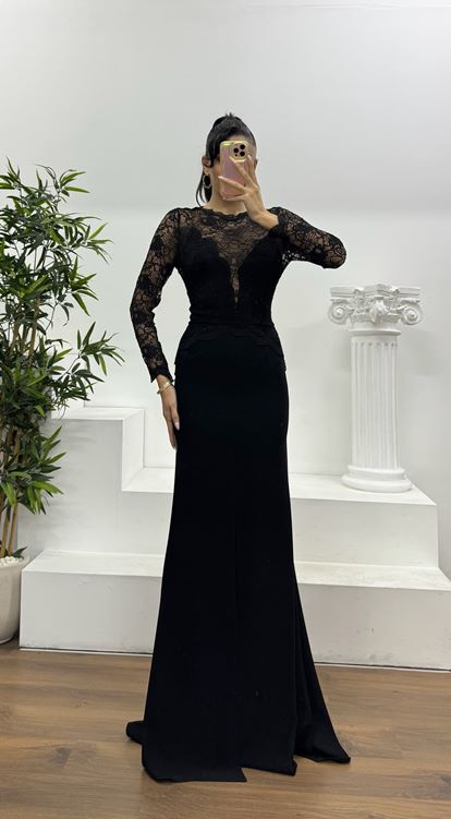 Siyah Transparan Dantel Özel Tasarım Abiye Elbise