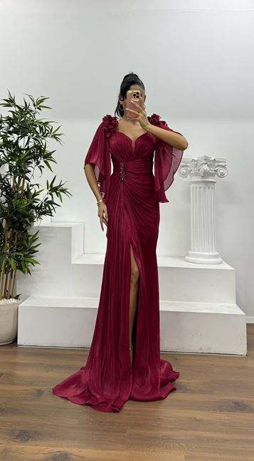 Burgundy Draped Chiffon Evening Dress