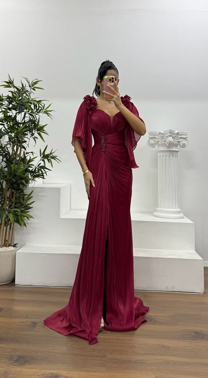 Bordo Drapeli Şifon Abiye Elbise