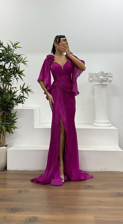 Fuşya Drapeli Şifon Abiye Elbise