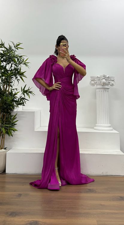 Fuşya Drapeli Şifon Abiye Elbise