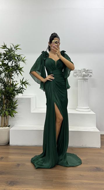 Emerald Draped Chiffon Evening Dress